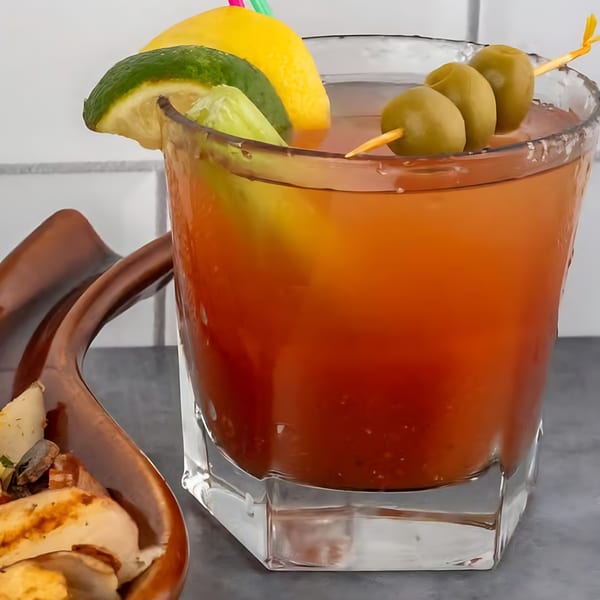 A Bloody Mary cocktail with lemon, lime, celery, and olives, next to a dish of breakfast potatoes.